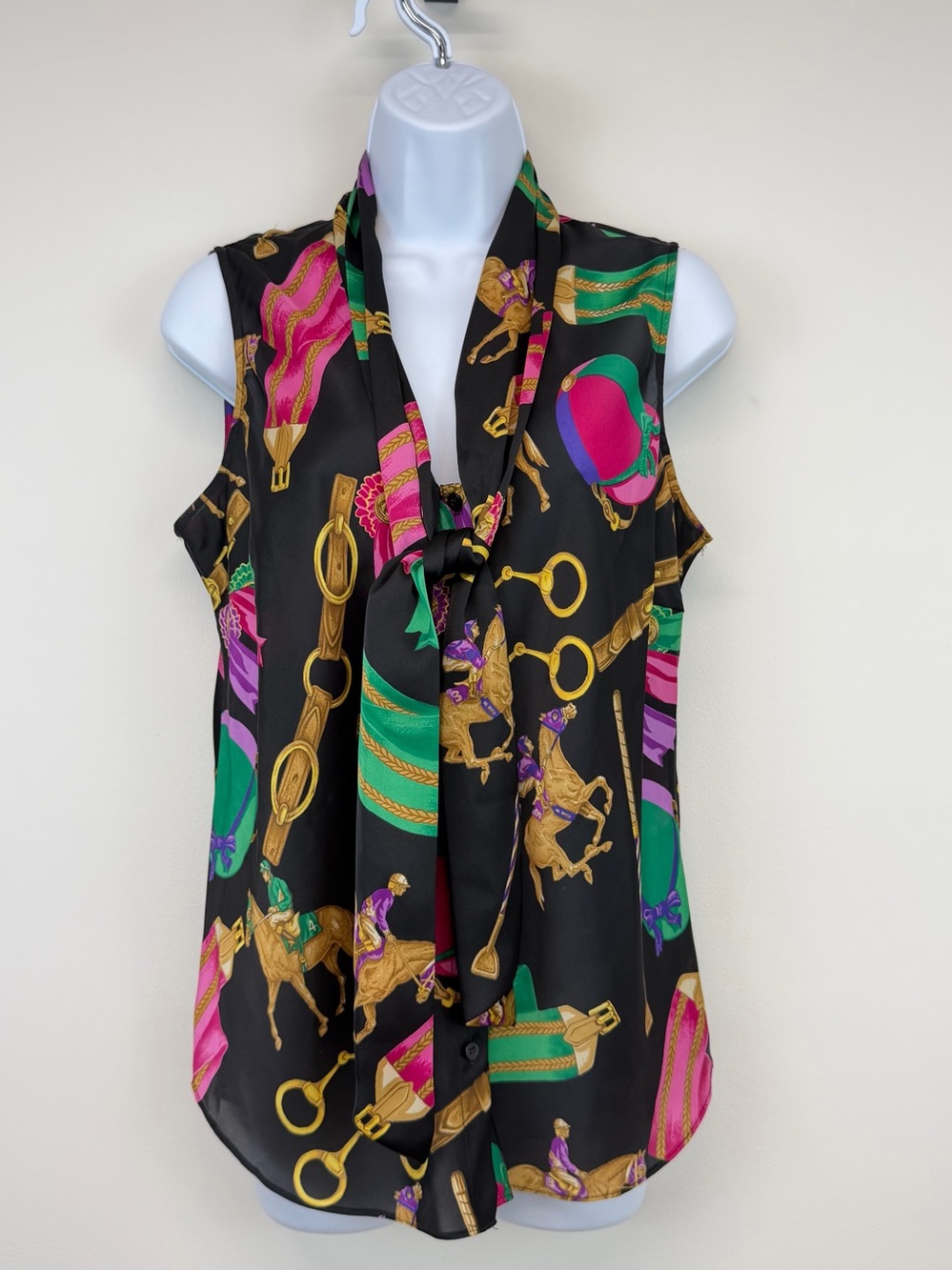 Lauren Ralph Lauren Equestrian Blouse Sz 10 Black Horse Bit Ribbon Tie Neck Top - Picture 6 of 13